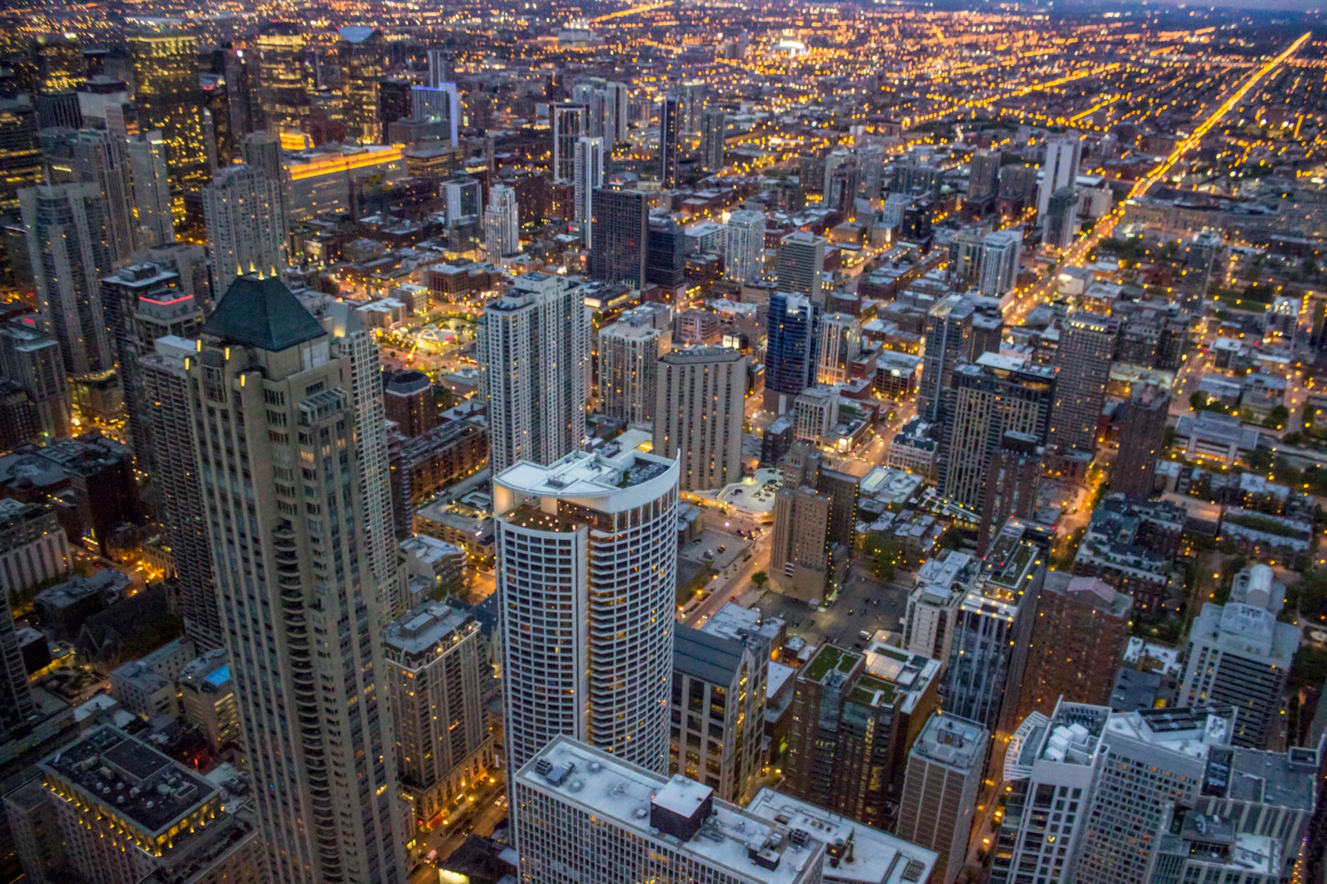 Chicago downtown skyline aerial view — McCormick Place corporate transportation