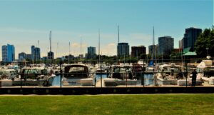 Milwaukee skyline with marina
