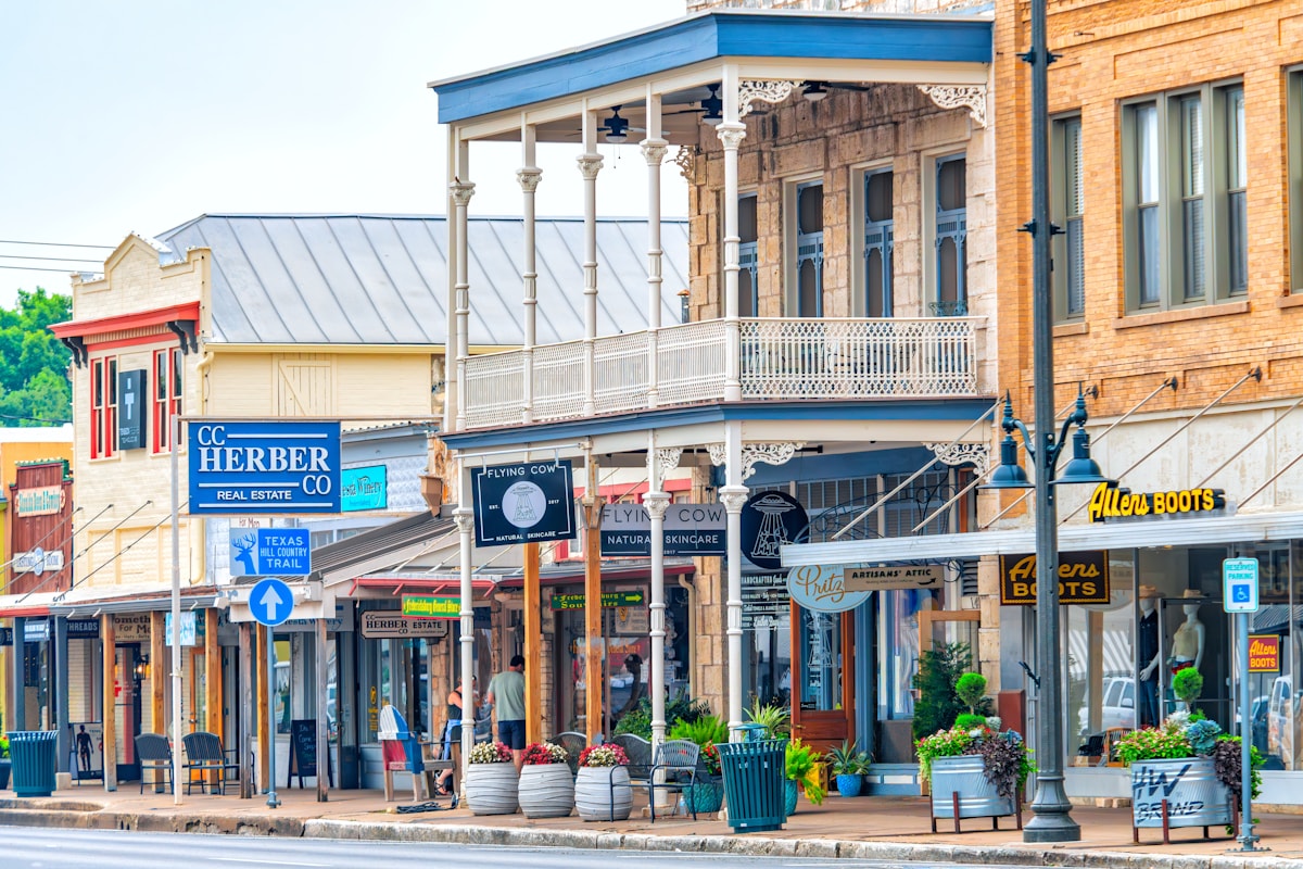 Historic storefronts lining a charming suburban small-town main street